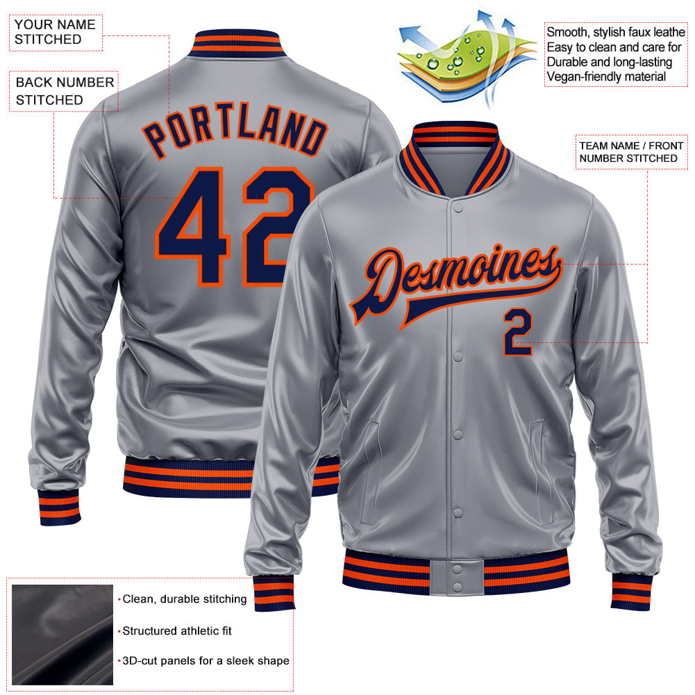 Custom Gray Navy-Orange Bomber Full-Snap Varsity Faux Leather Letterman Jacket view 2