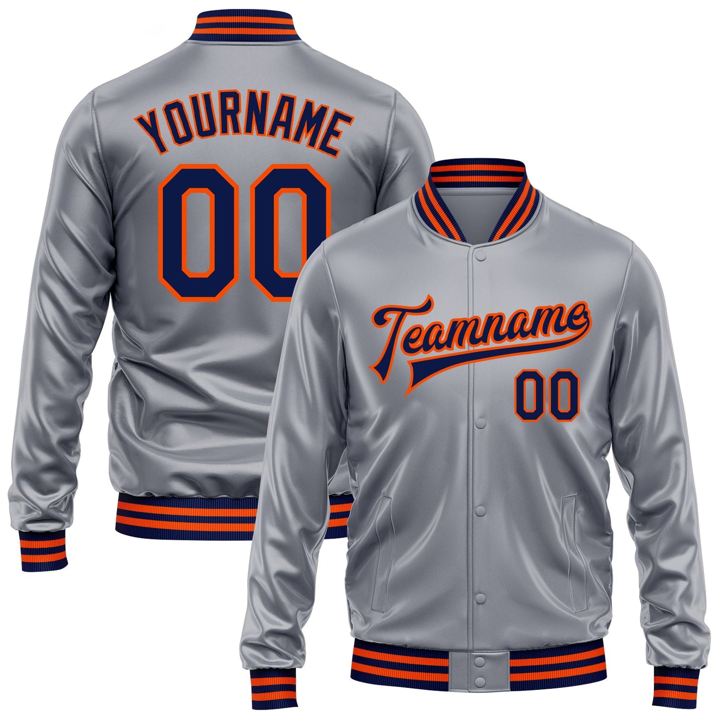 Custom Gray Navy-Orange Bomber Full-Snap Varsity Faux Leather Letterman Jacket - Main View