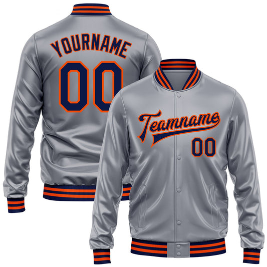 Custom Gray Navy-Orange Bomber Full-Snap Varsity Faux Leather Letterman Jacket - Main View