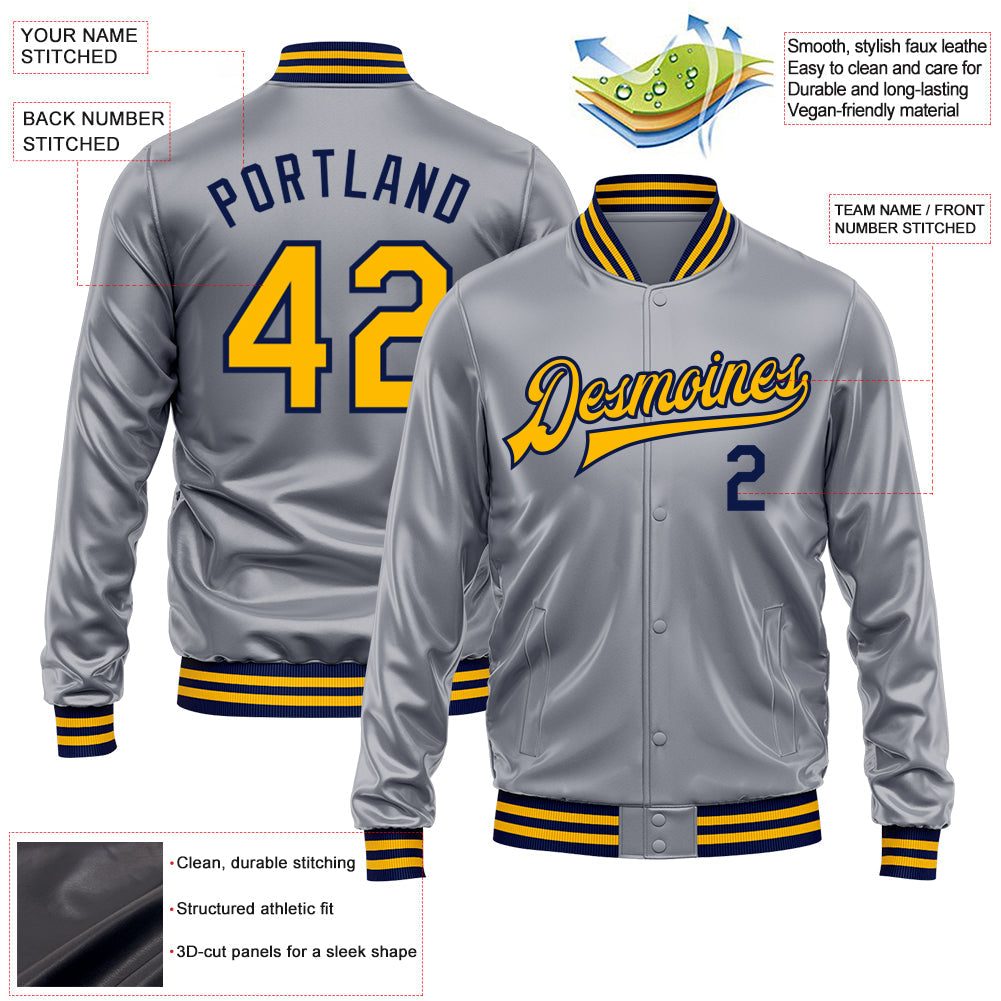 Custom Gray Gold-Navy Bomber Full-Snap Varsity Faux Leather Letterman Jacket view 2