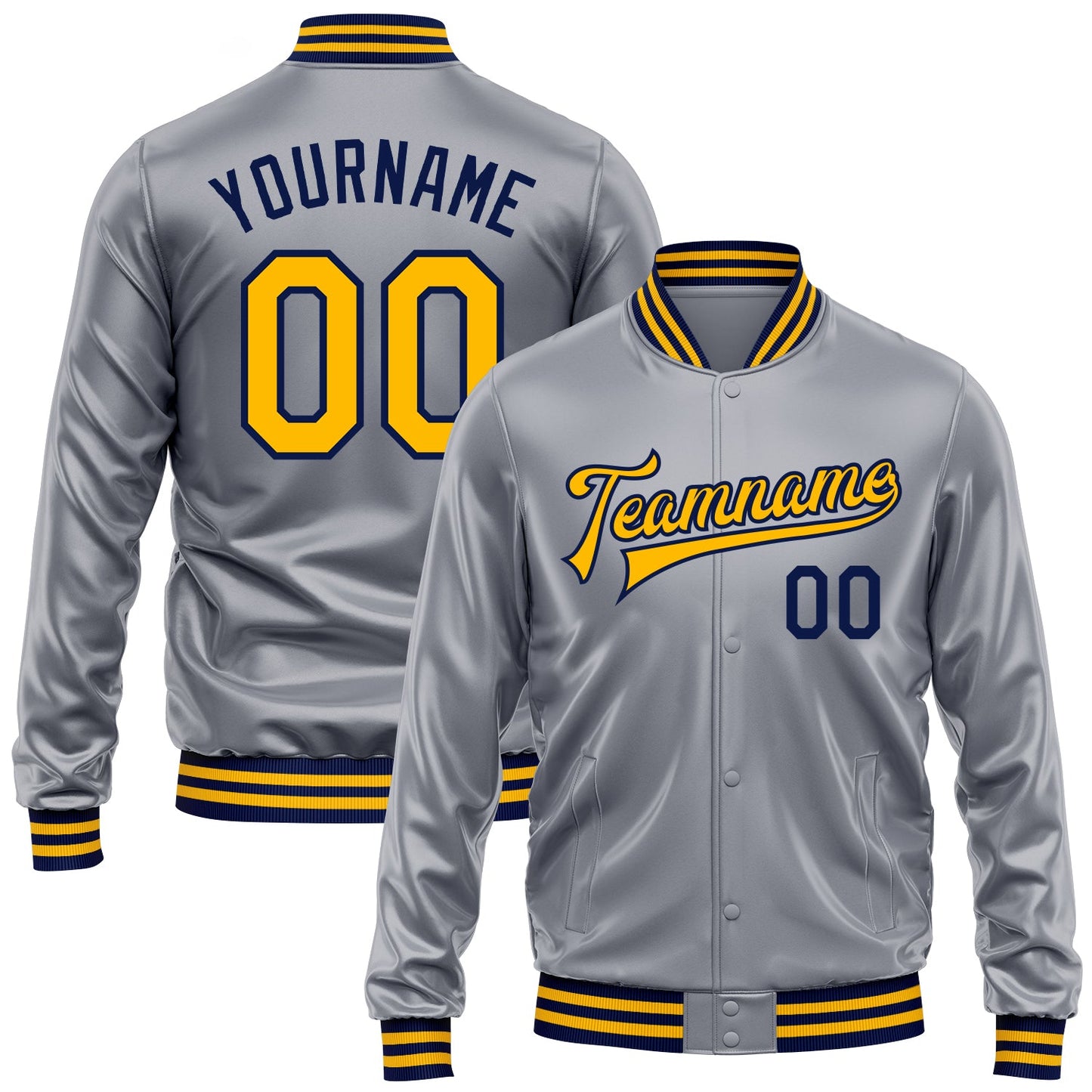 Custom Gray Gold-Navy Bomber Full-Snap Varsity Faux Leather Letterman Jacket - Main View