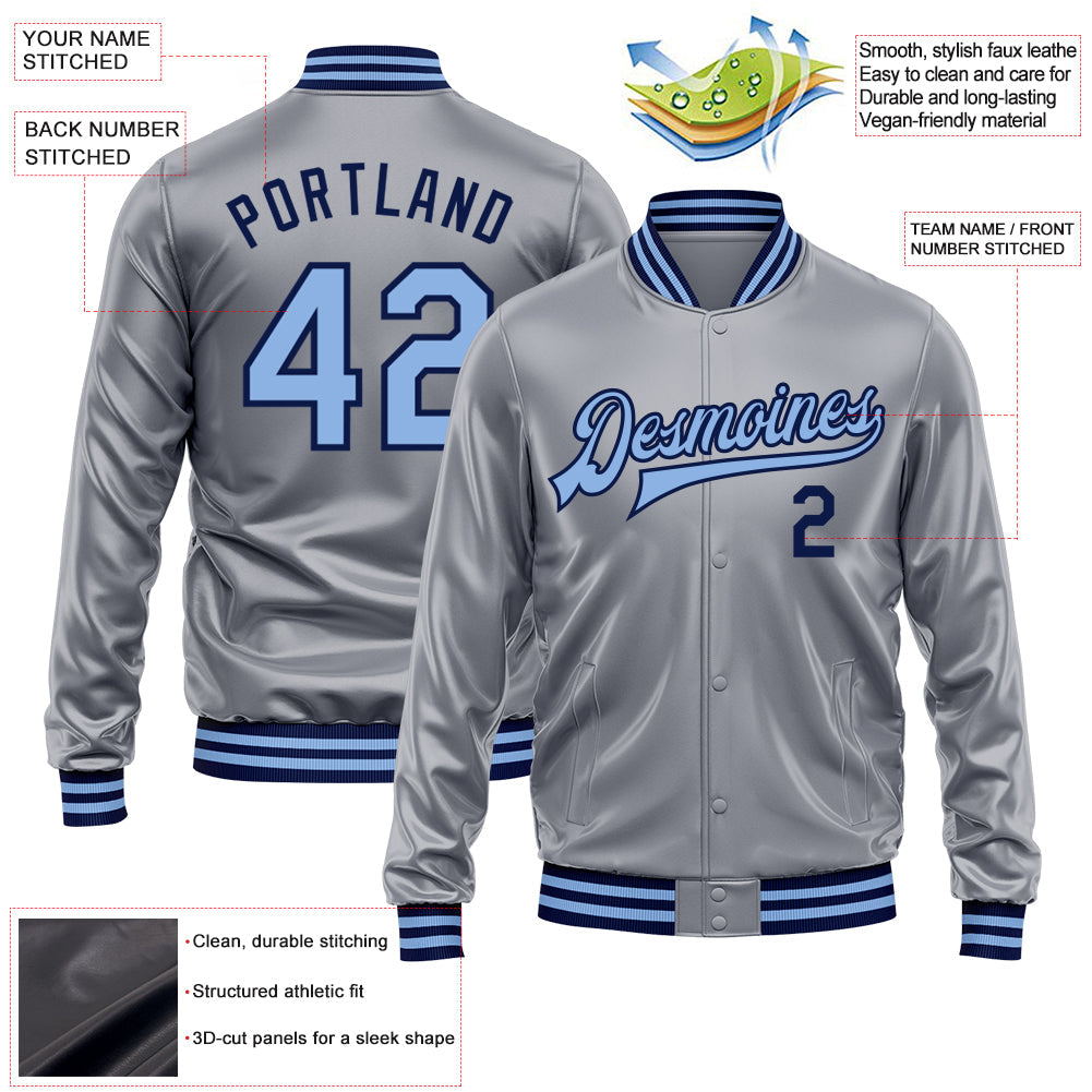 Custom Gray Light Blue-Navy Bomber Full-Snap Varsity Faux Leather Letterman Jacket view 2