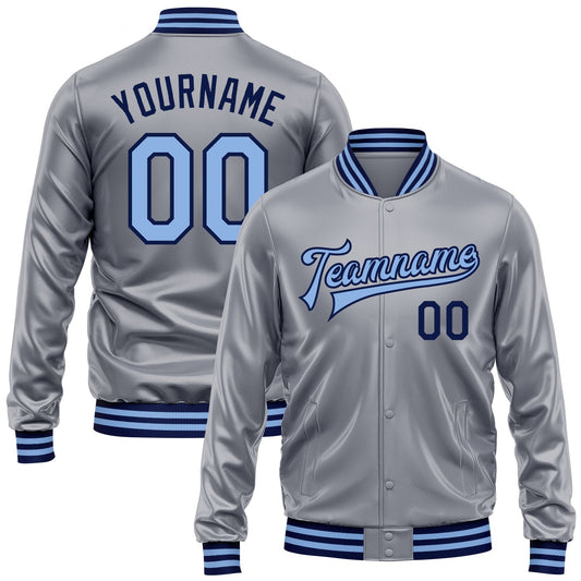 Custom Gray Light Blue-Navy Bomber Full-Snap Varsity Faux Leather Letterman Jacket - Main View