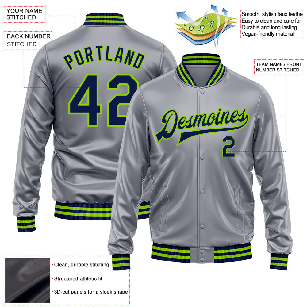 Custom Gray Navy-Neon Green Bomber Full-Snap Varsity Faux Leather Letterman Jacket view 2