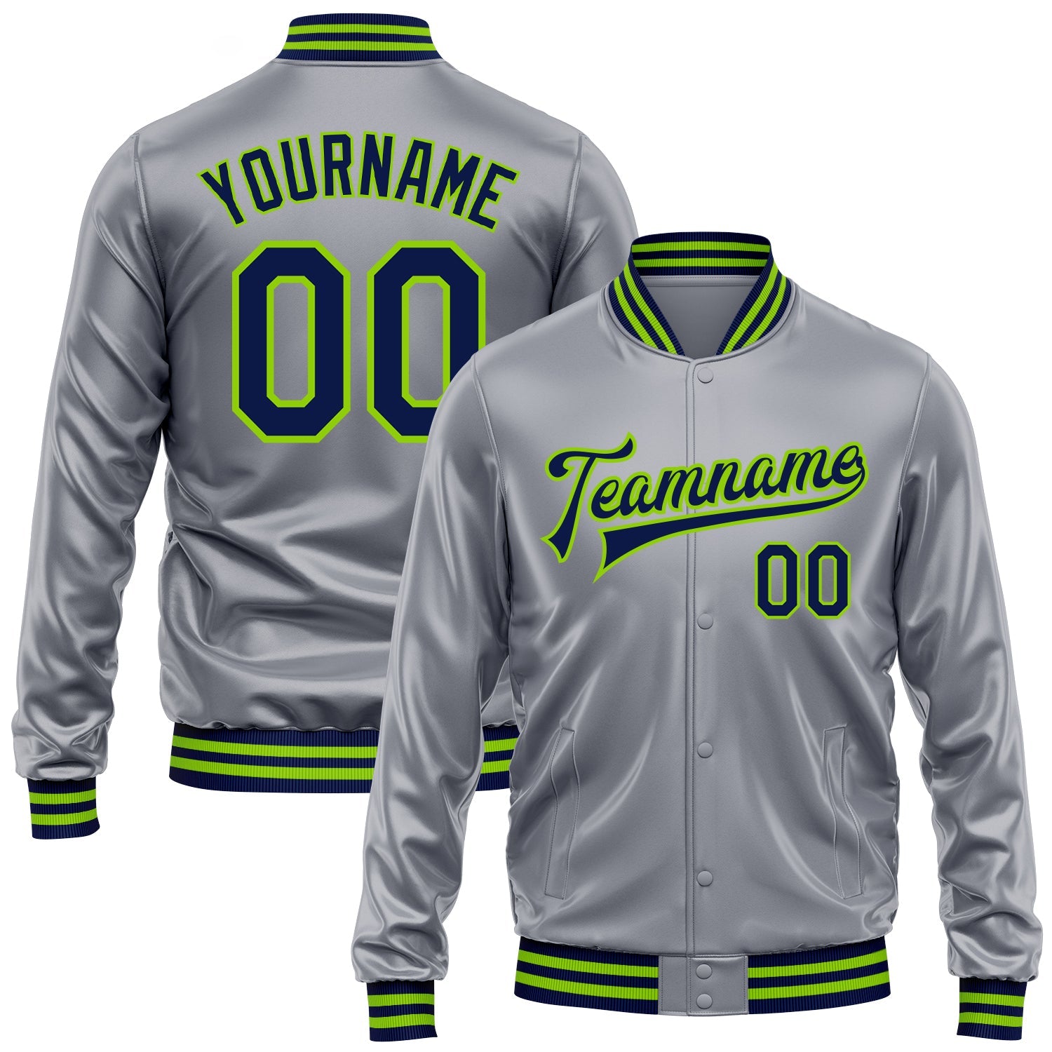 Custom Gray Navy-Neon Green Bomber Full-Snap Varsity Faux Leather Letterman Jacket - Main View