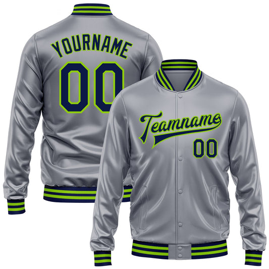 Custom Gray Navy-Neon Green Bomber Full-Snap Varsity Faux Leather Letterman Jacket - Main View