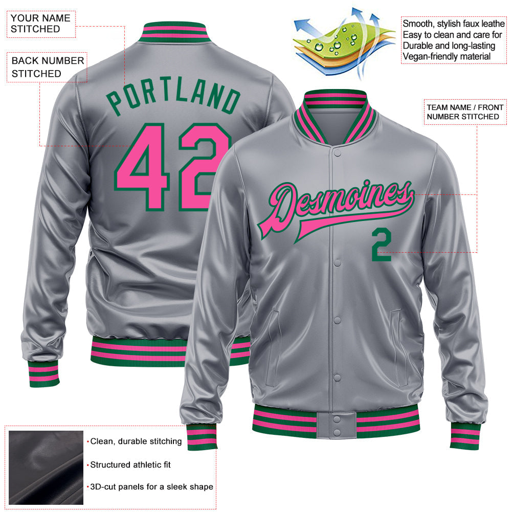 Custom Gray Pink-Kelly Green Bomber Full-Snap Varsity Faux Leather Letterman Jacket view 2