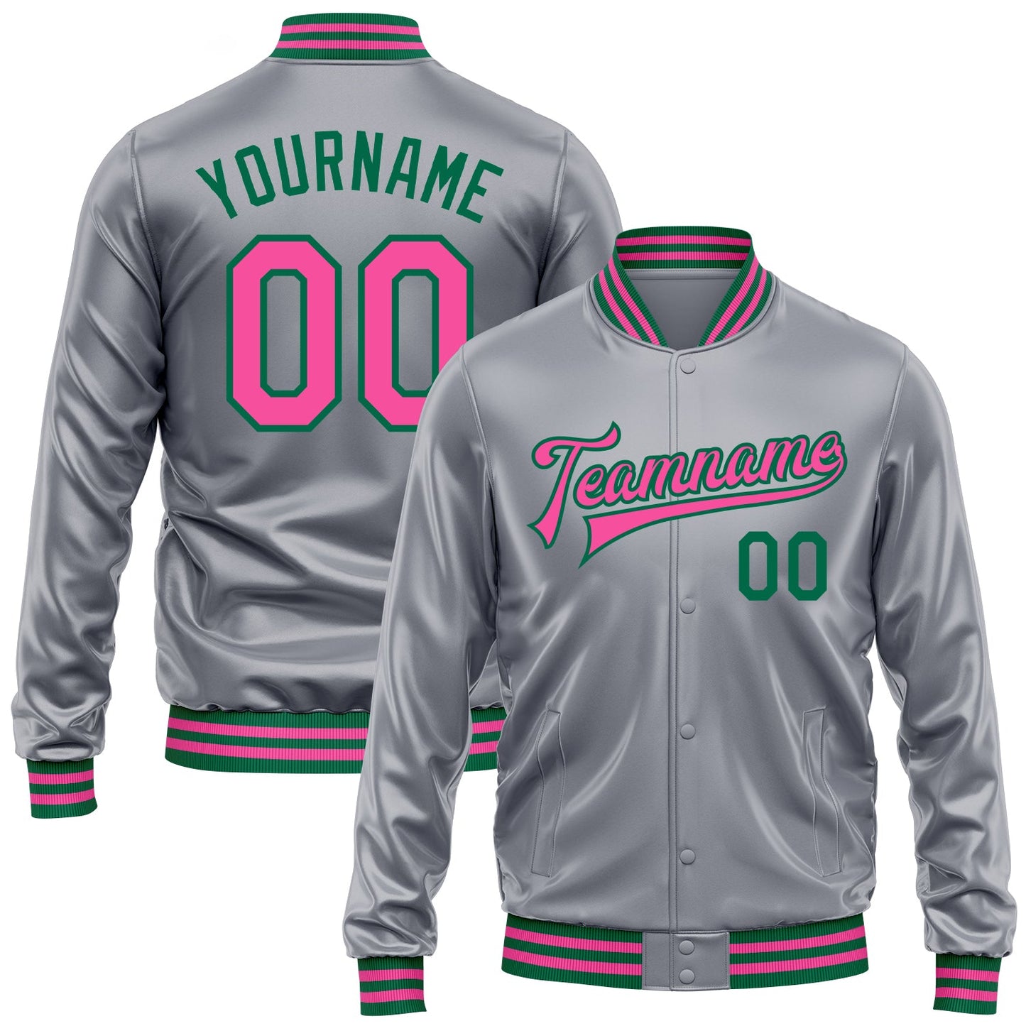 Custom Gray Pink-Kelly Green Bomber Full-Snap Varsity Faux Leather Letterman Jacket - Main View