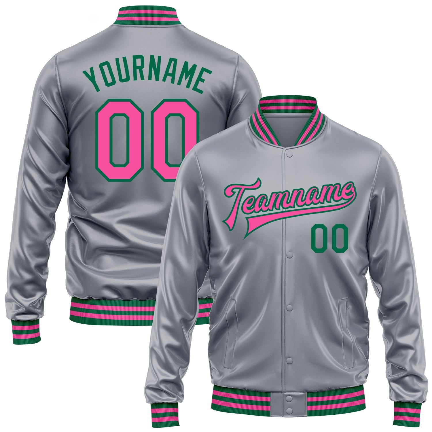 Custom Gray Pink-Kelly Green Bomber Full-Snap Varsity Faux Leather Letterman Jacket - Main View