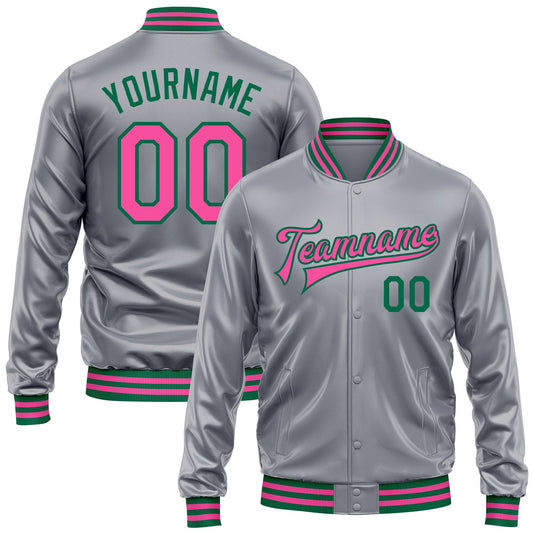 Custom Gray Pink-Kelly Green Bomber Full-Snap Varsity Faux Leather Letterman Jacket - Main View