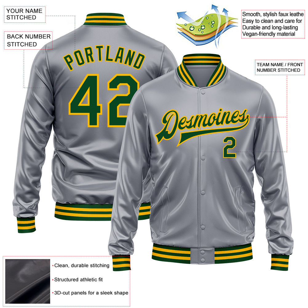 Custom Gray Green-Gold Bomber Full-Snap Varsity Faux Leather Letterman Jacket view 2