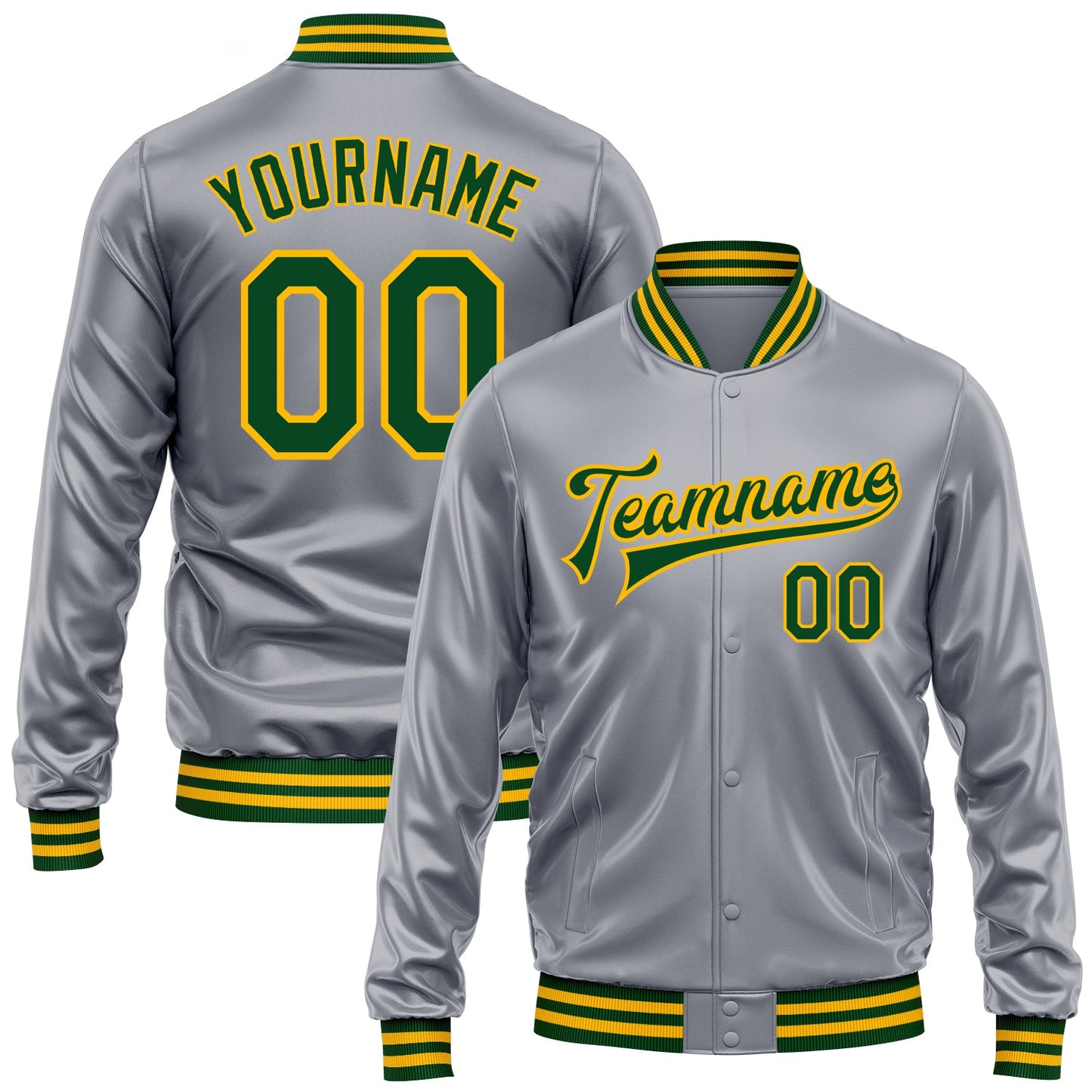 Custom Gray Green-Gold Bomber Full-Snap Varsity Faux Leather Letterman Jacket - Main View