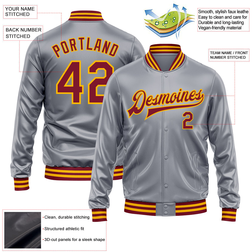 Custom Gray Crimson-Gold Bomber Full-Snap Varsity Faux Leather Letterman Jacket view 2