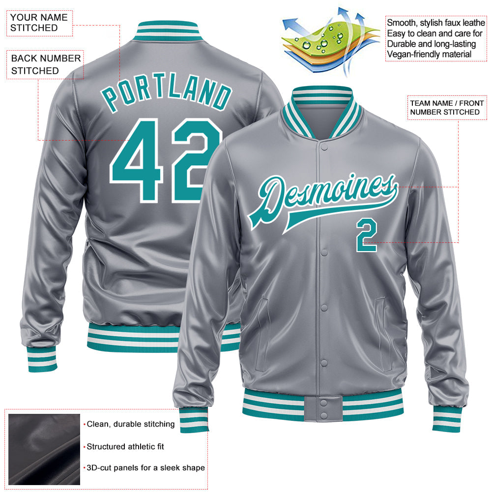 Custom Gray Teal-White Bomber Full-Snap Varsity Faux Leather Letterman Jacket view 2