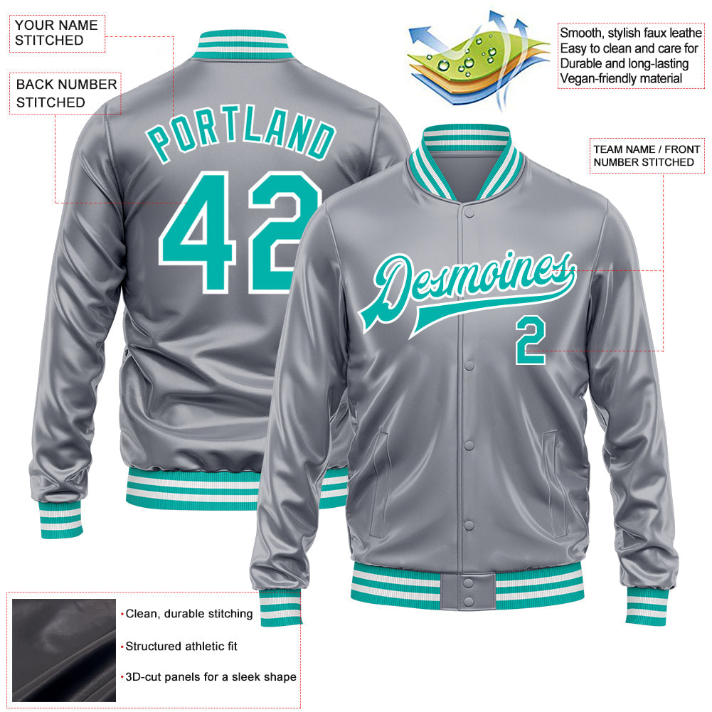 Custom Gray Aqua-White Bomber Full-Snap Varsity Faux Leather Letterman Jacket view 2