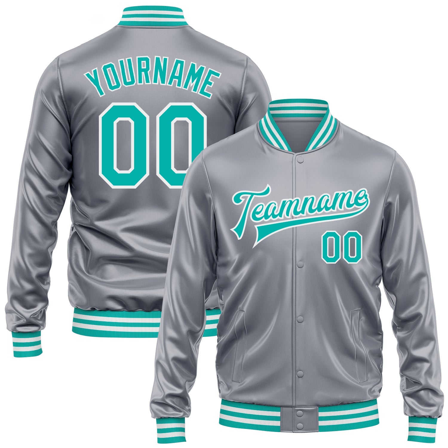 Custom Gray Aqua-White Bomber Full-Snap Varsity Faux Leather Letterman Jacket - Main View