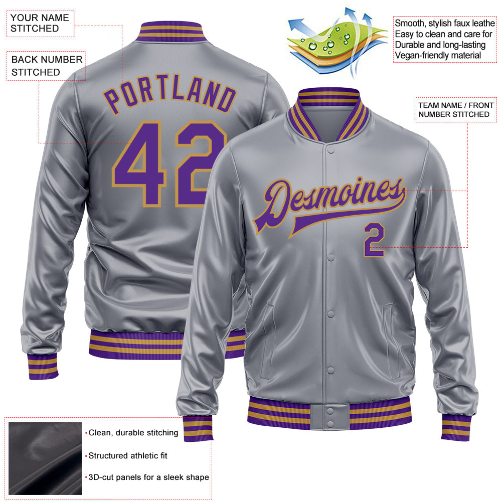Custom Gray Purple-Old Gold Bomber Full-Snap Varsity Faux Leather Letterman Jacket view 2