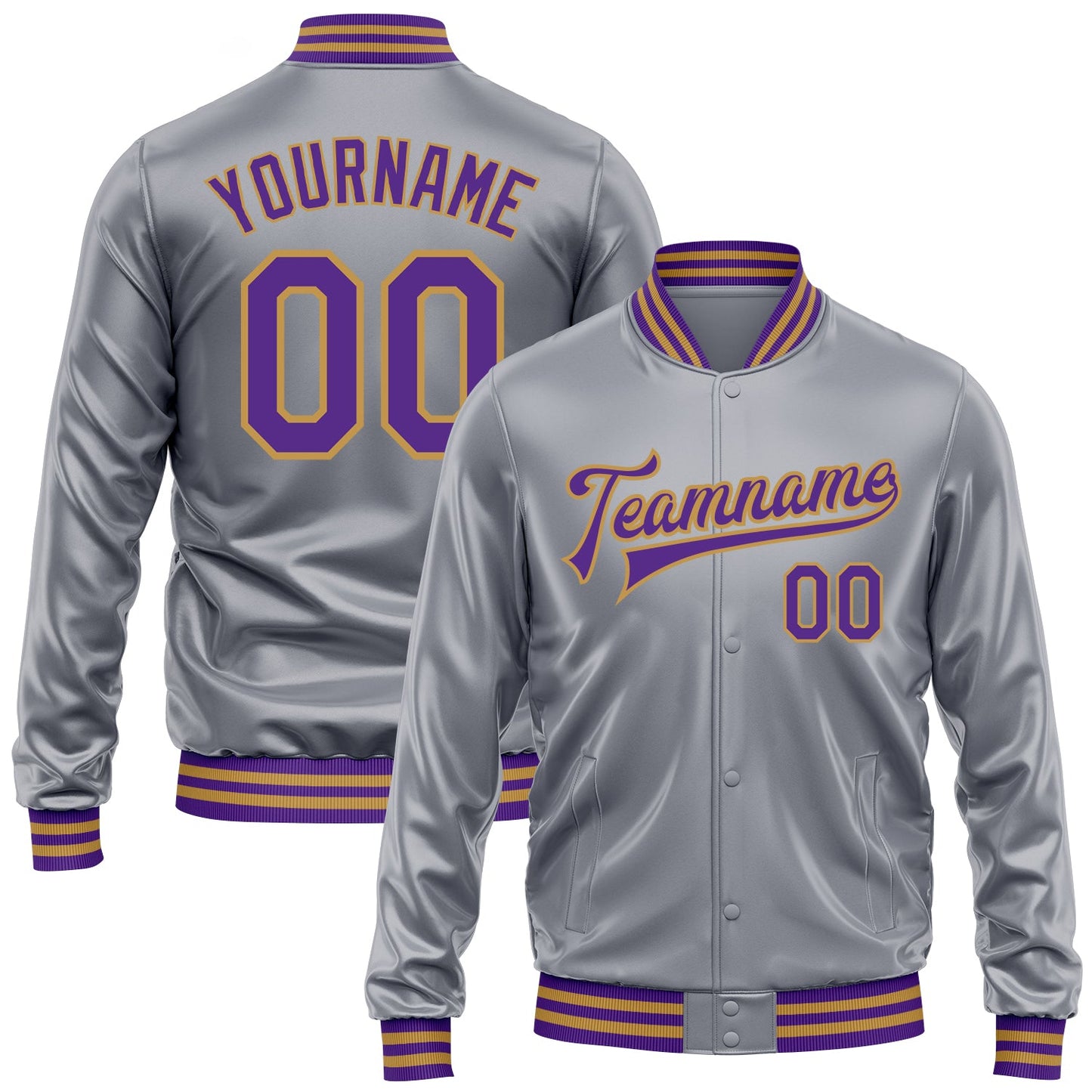 Custom Gray Purple-Old Gold Bomber Full-Snap Varsity Faux Leather Letterman Jacket - Main View