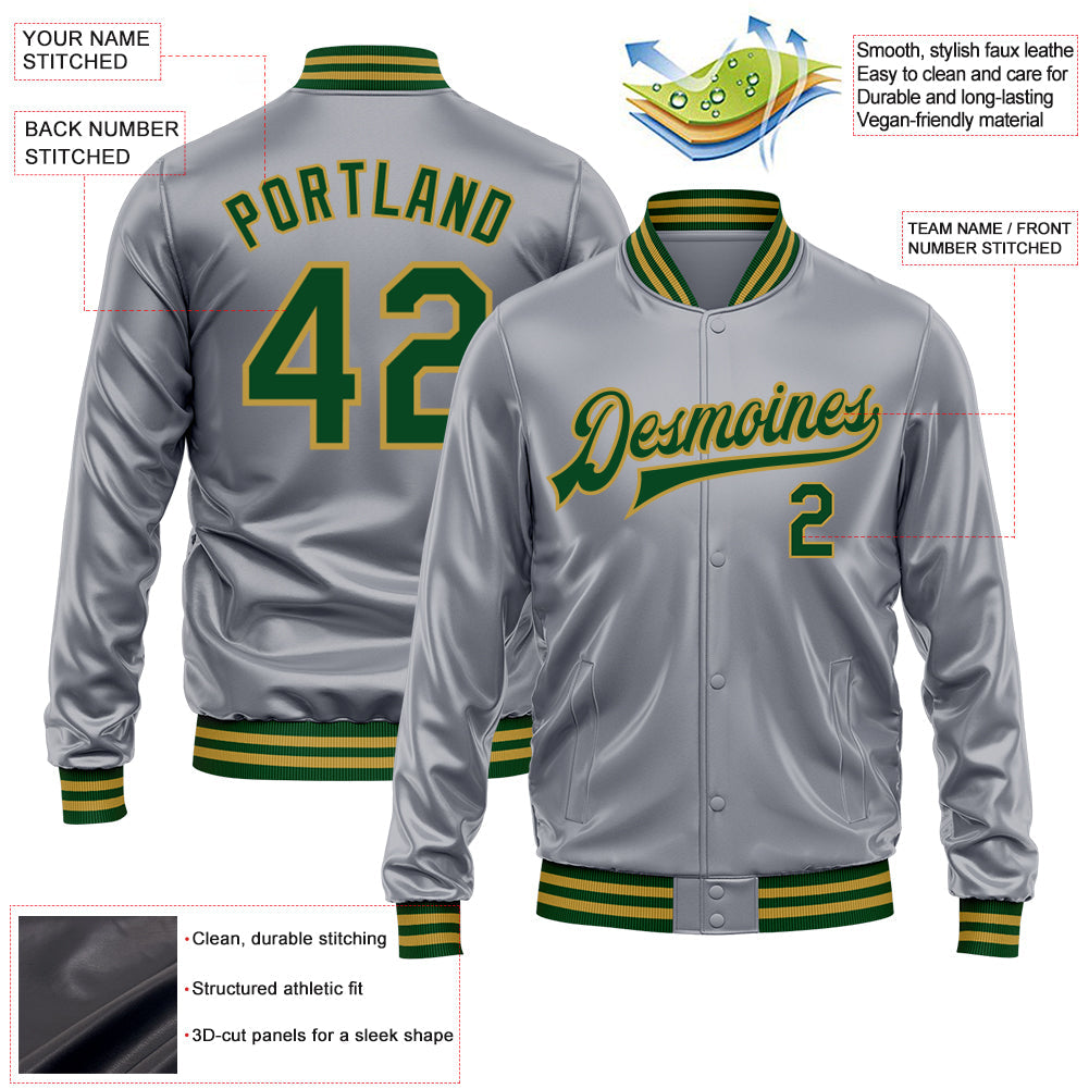 Custom Gray Green-Old Gold Bomber Full-Snap Varsity Faux Leather Letterman Jacket view 2