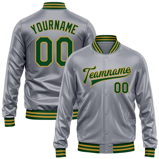 Custom Gray Green-Old Gold Bomber Full-Snap Varsity Faux Leather Letterman Jacket - Main View