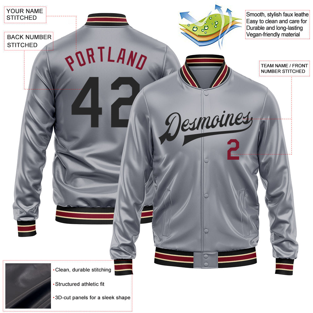 Custom Gray Black-Crimson Bomber Full-Snap Varsity Faux Leather Letterman Jacket view 2