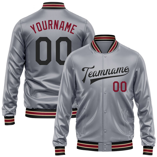 Custom Gray Black-Crimson Bomber Full-Snap Varsity Faux Leather Letterman Jacket - Main View