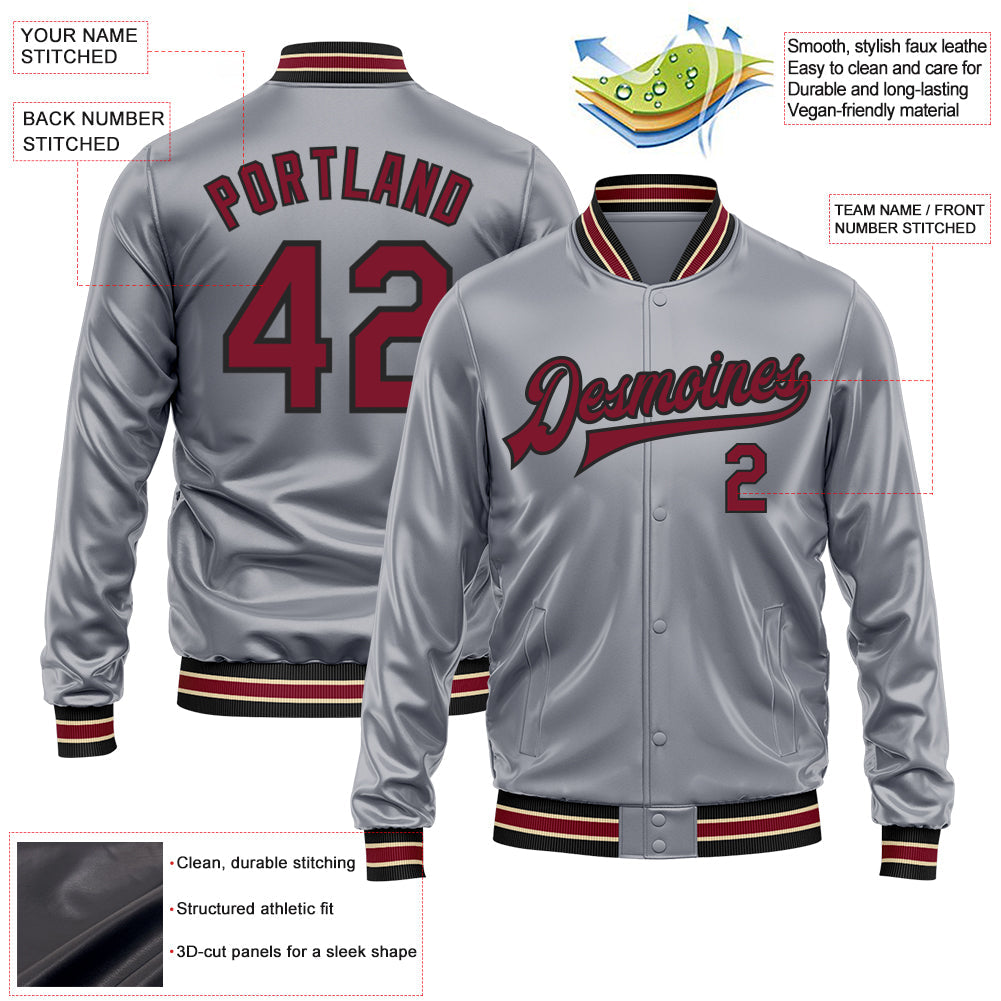 Custom Gray Crimson-Black Bomber Full-Snap Varsity Faux Leather Letterman Jacket view 2