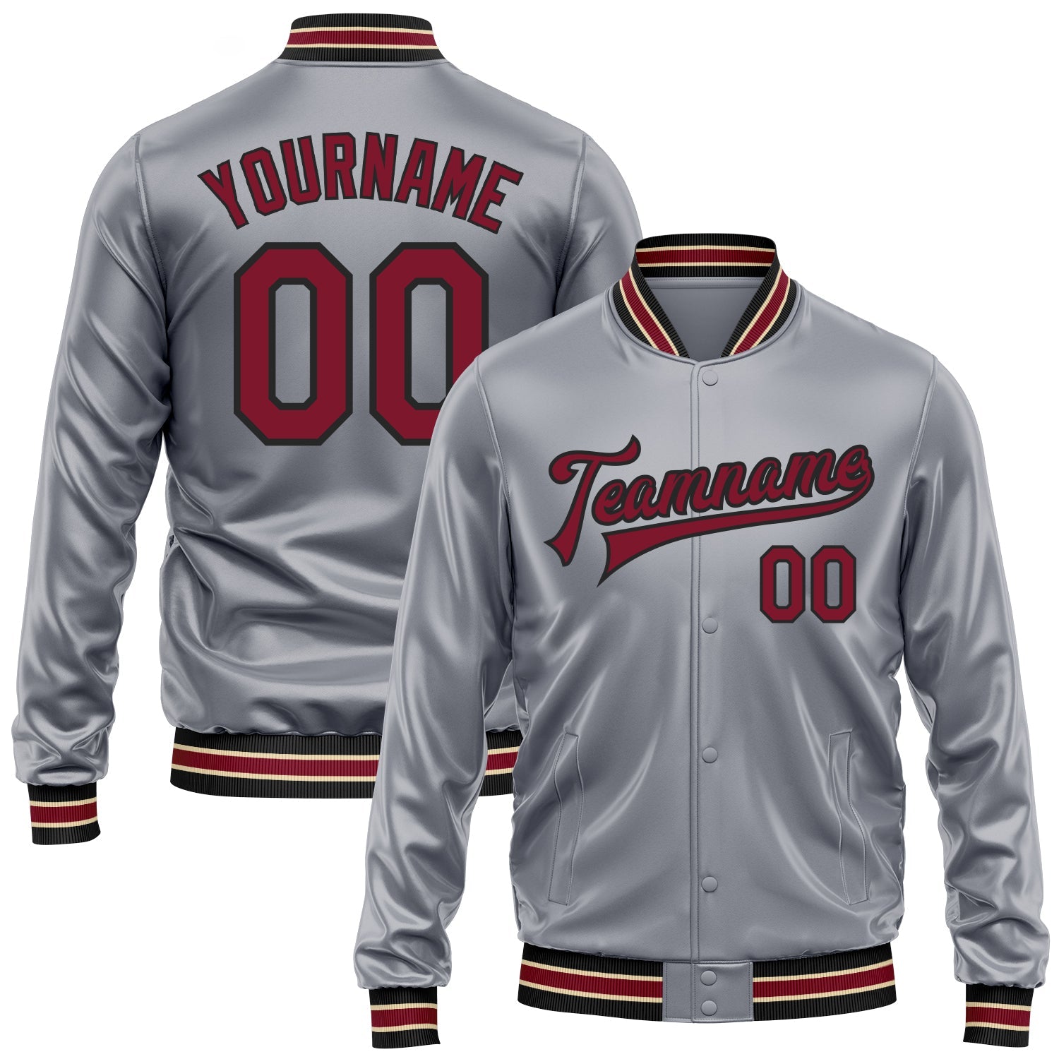 Custom Gray Crimson-Black Bomber Full-Snap Varsity Faux Leather Letterman Jacket - Main View