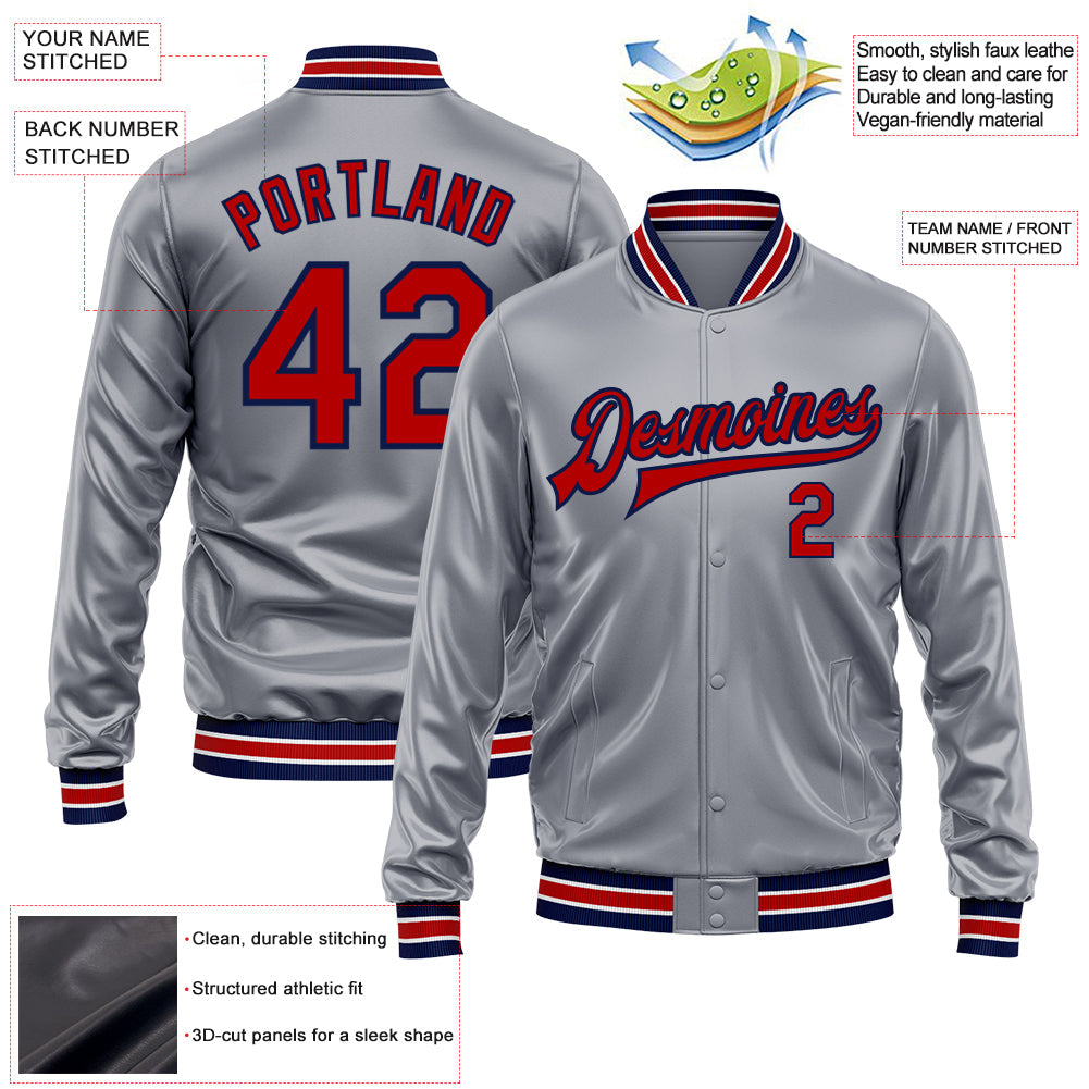 Custom Gray Red-Navy Bomber Full-Snap Varsity Faux Leather Letterman Jacket view 2