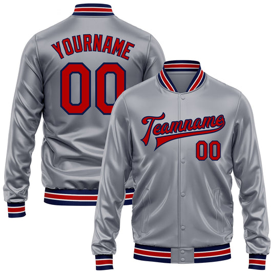 Custom Gray Red-Navy Bomber Full-Snap Varsity Faux Leather Letterman Jacket - Main View
