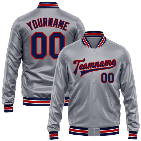 Custom Gray Navy-Red Bomber Full-Snap Varsity Faux Leather Letterman Jacket - Main View
