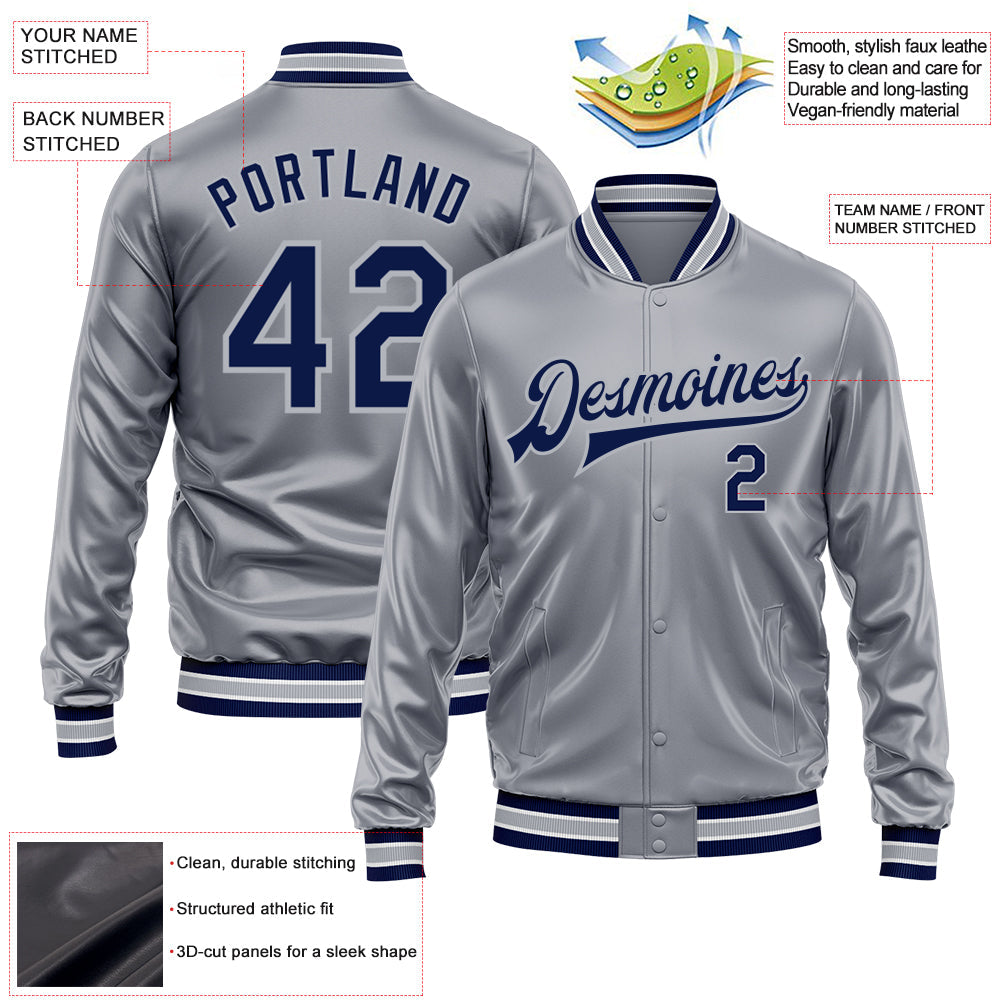 Custom Gray Navy-Gray Bomber Full-Snap Varsity Faux Leather Letterman Jacket view 2
