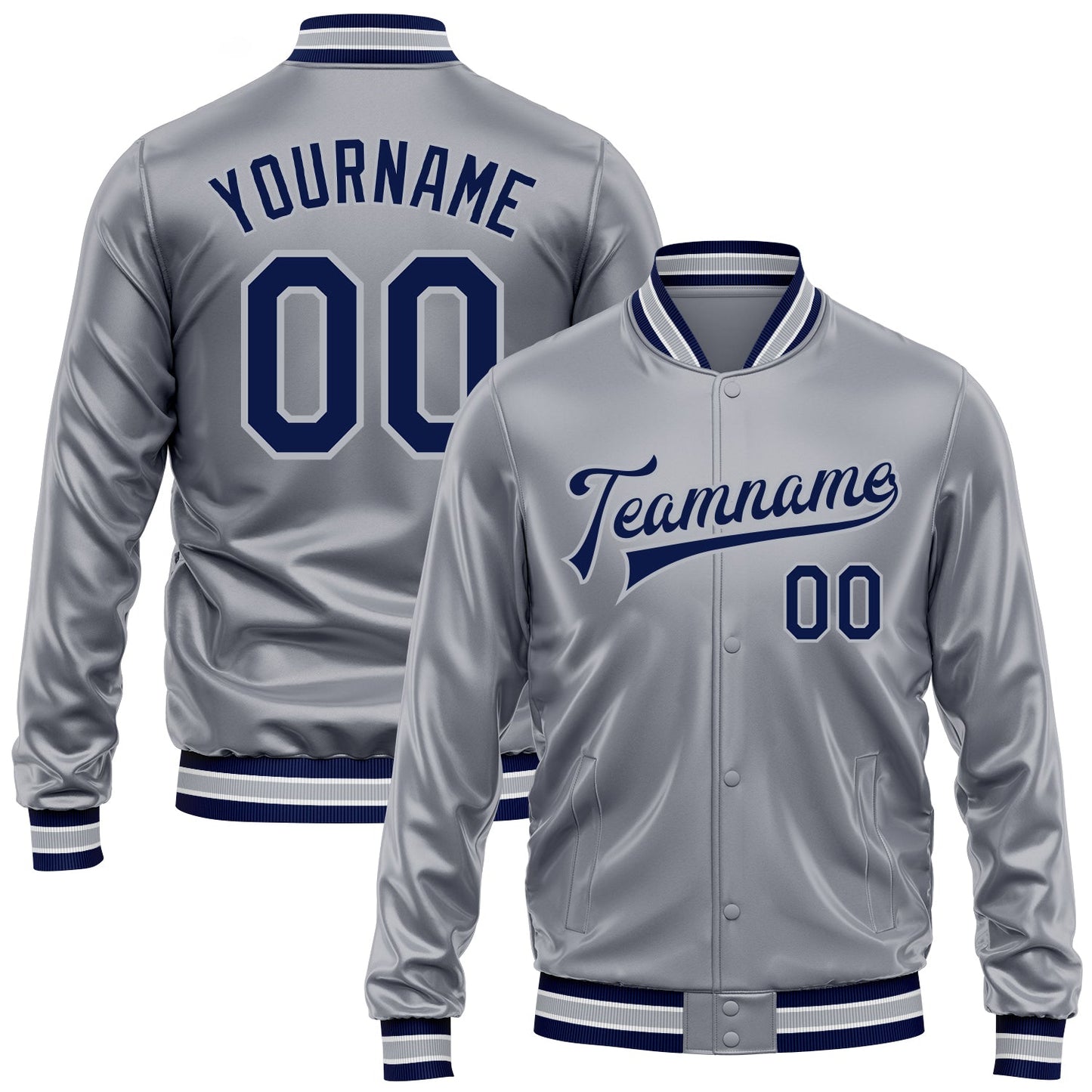 Custom Gray Navy-Gray Bomber Full-Snap Varsity Faux Leather Letterman Jacket - Main View