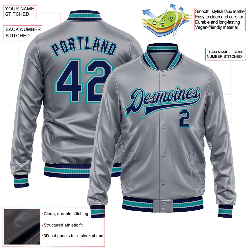 Custom Gray Navy-Teal Bomber Full-Snap Varsity Faux Leather Letterman Jacket view 2