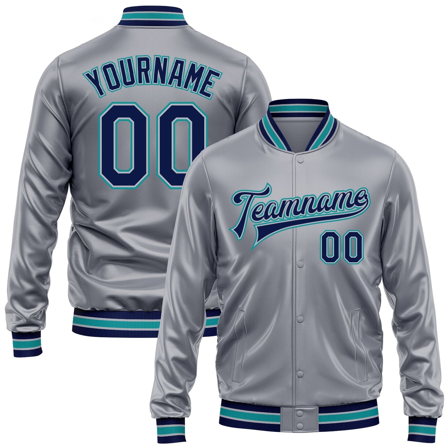Custom Gray Navy-Teal Bomber Full-Snap Varsity Faux Leather Letterman Jacket - Main View