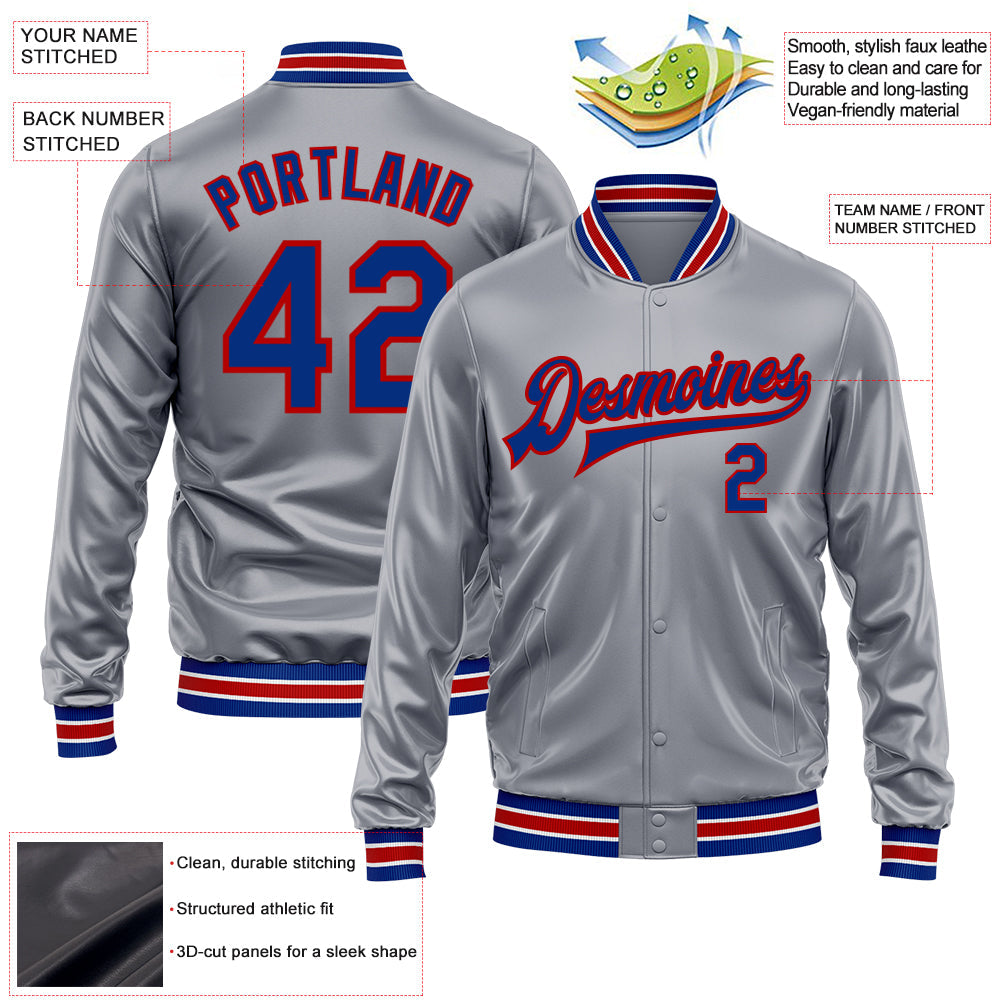 Custom Gray Royal-Red Bomber Full-Snap Varsity Faux Leather Letterman Jacket view 2