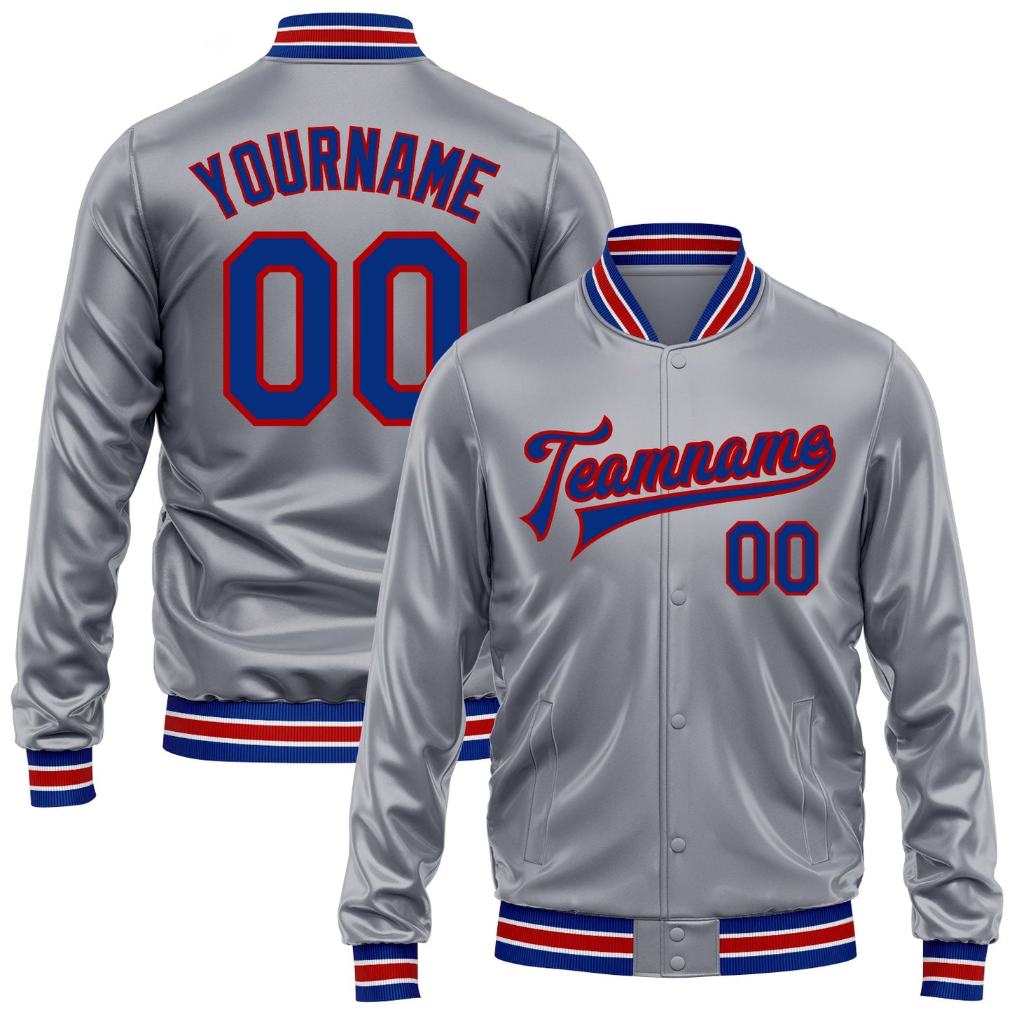 Custom Gray Royal-Red Bomber Full-Snap Varsity Faux Leather Letterman Jacket - Main View