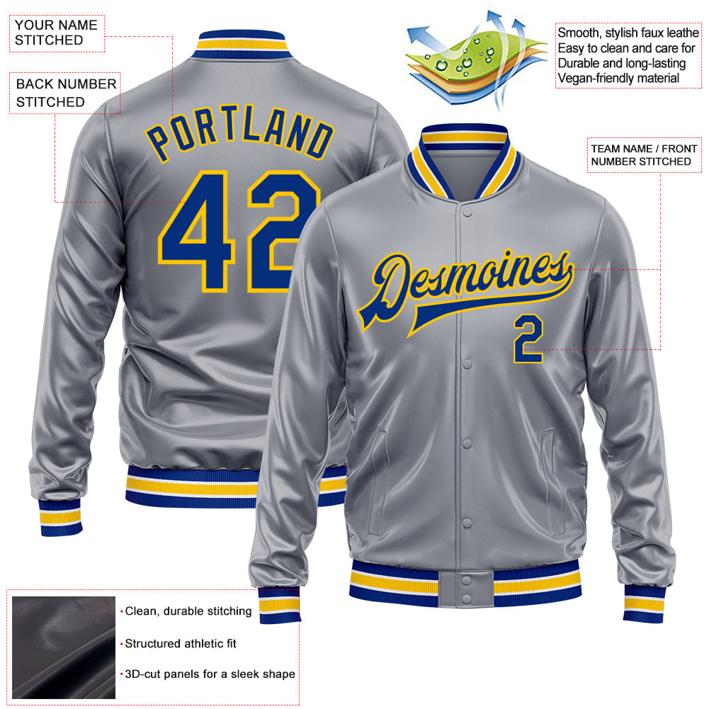 Custom Gray Royal-Yellow Bomber Full-Snap Varsity Faux Leather Letterman Jacket view 2