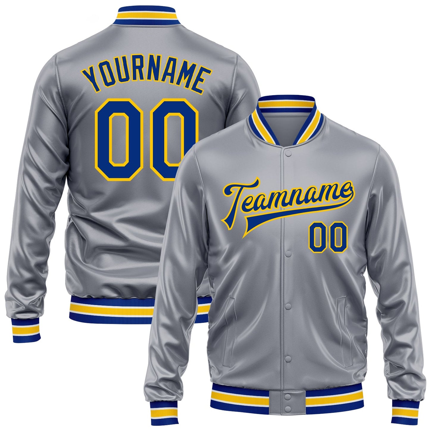 Custom Gray Royal-Yellow Bomber Full-Snap Varsity Faux Leather Letterman Jacket - Main View
