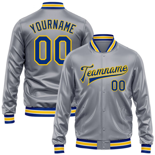 Custom Gray Royal-Yellow Bomber Full-Snap Varsity Faux Leather Letterman Jacket - Main View
