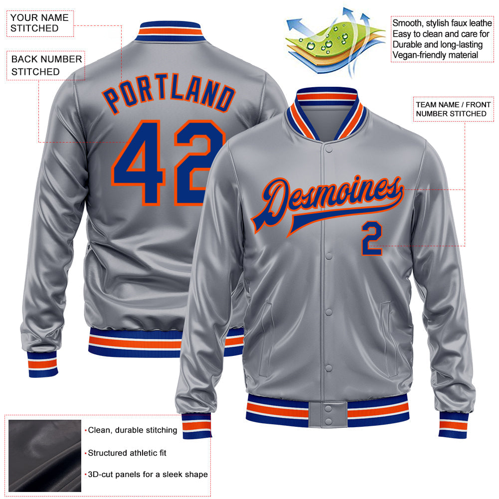 Custom Gray Royal-Orange Bomber Full-Snap Varsity Faux Leather Letterman Jacket view 2