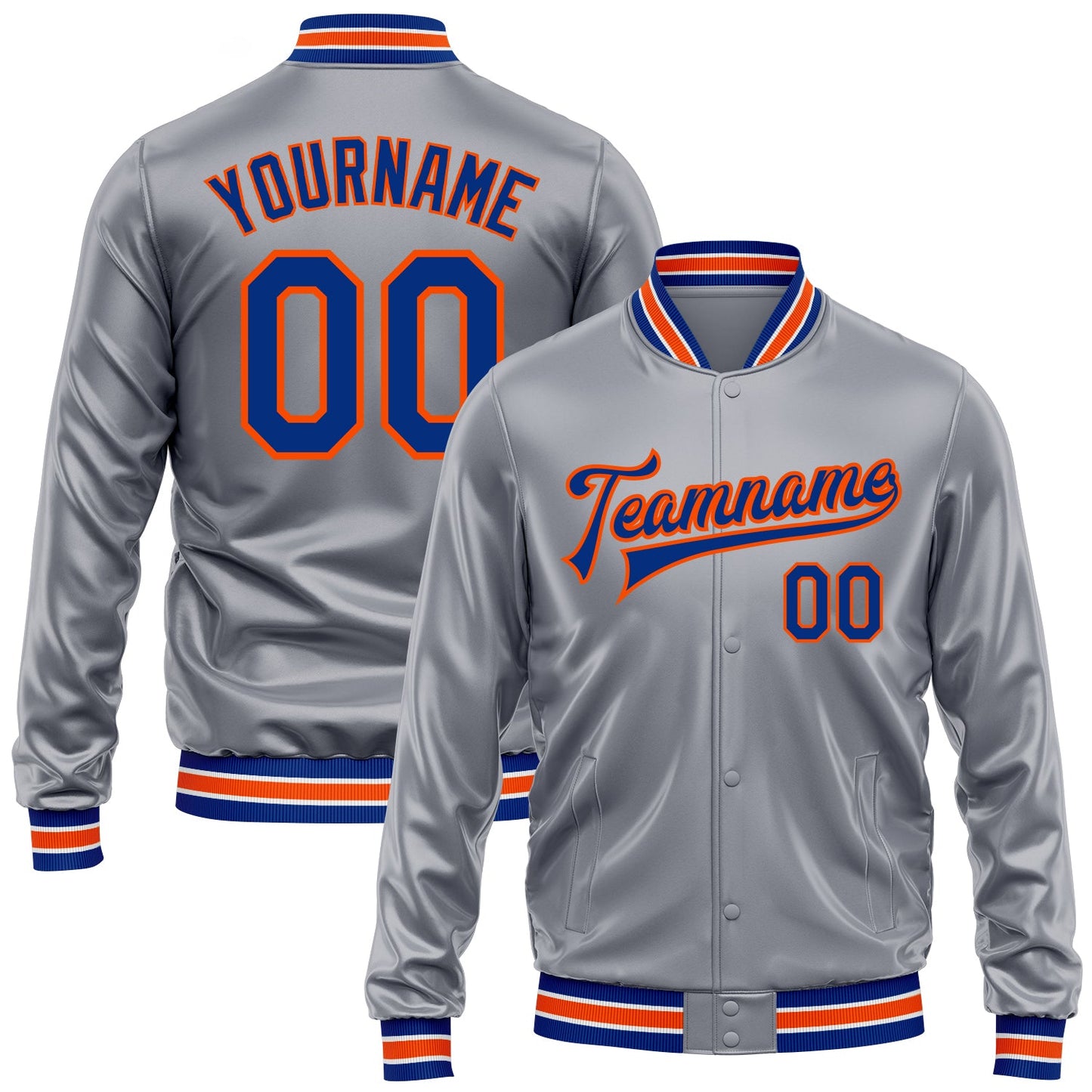 Custom Gray Royal-Orange Bomber Full-Snap Varsity Faux Leather Letterman Jacket - Main View