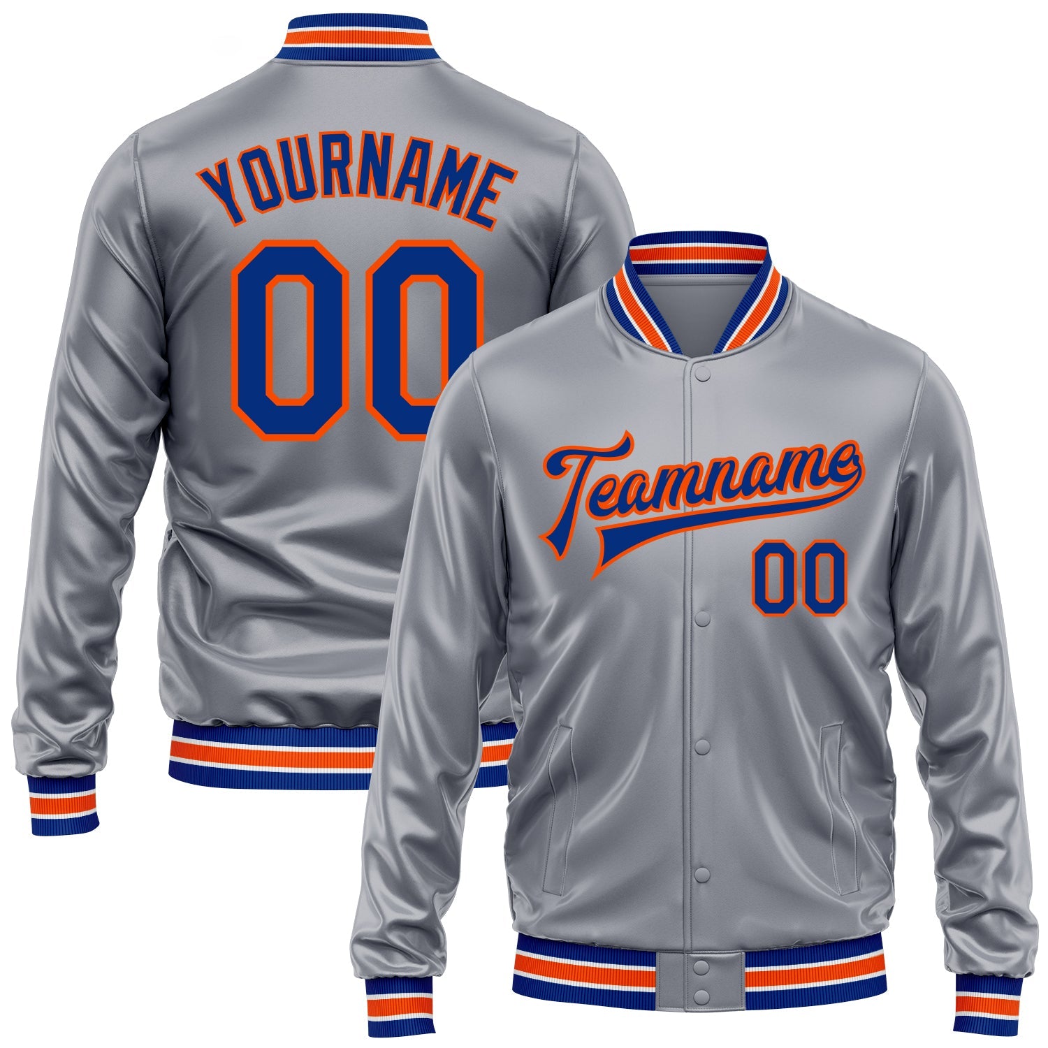 Custom Gray Royal-Orange Bomber Full-Snap Varsity Faux Leather Letterman Jacket - Main View