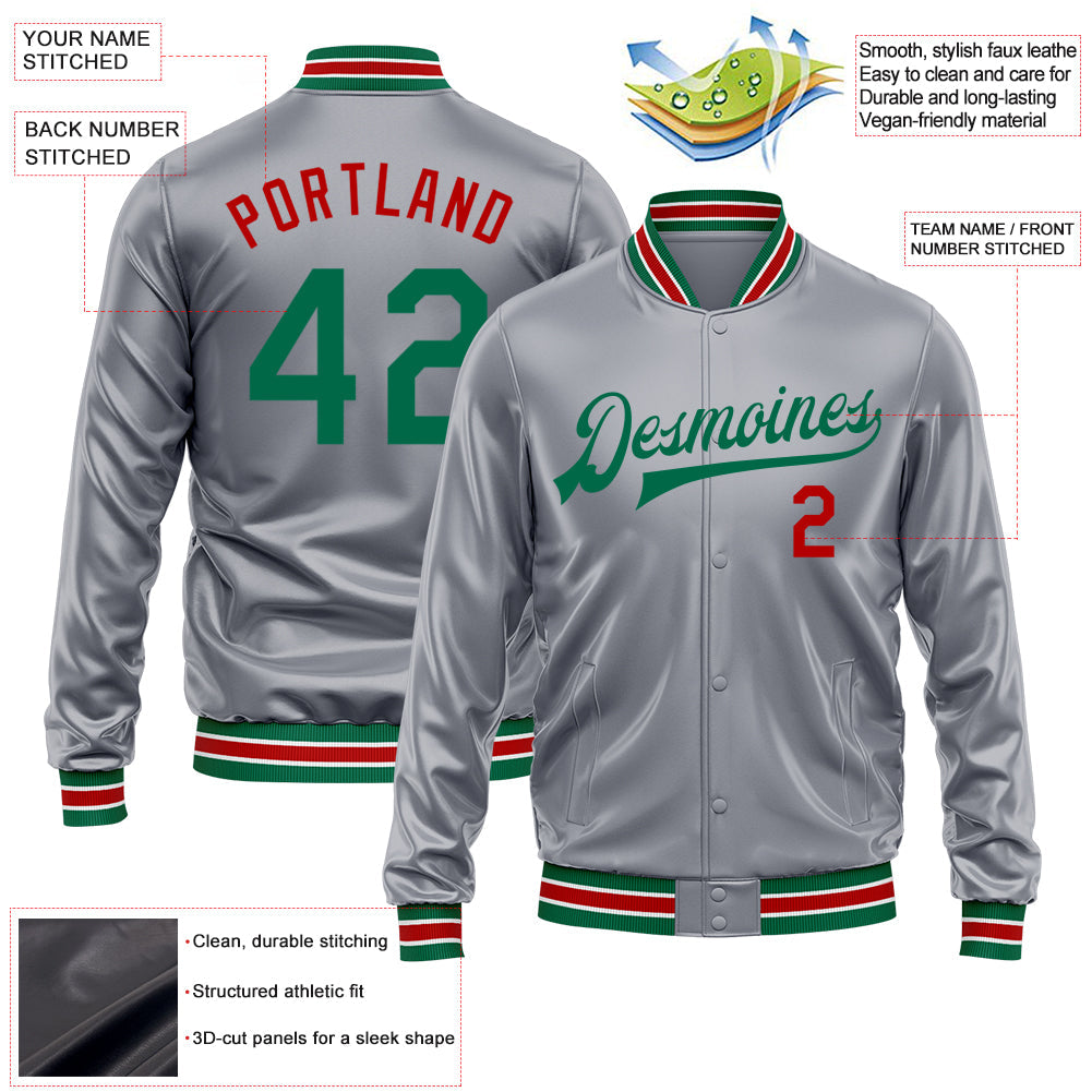 Custom Gray Kelly Green-Red Bomber Full-Snap Varsity Faux Leather Letterman Jacket view 2