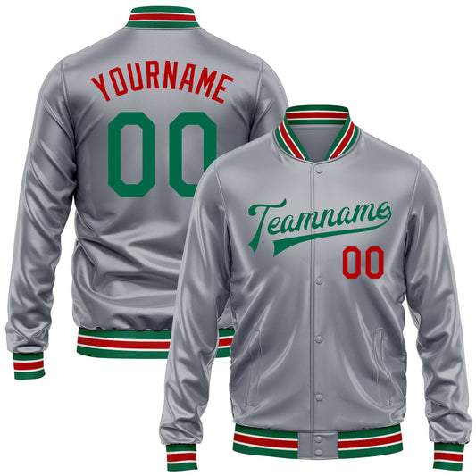 Custom Gray Kelly Green-Red Bomber Full-Snap Varsity Faux Leather Letterman Jacket - Main View