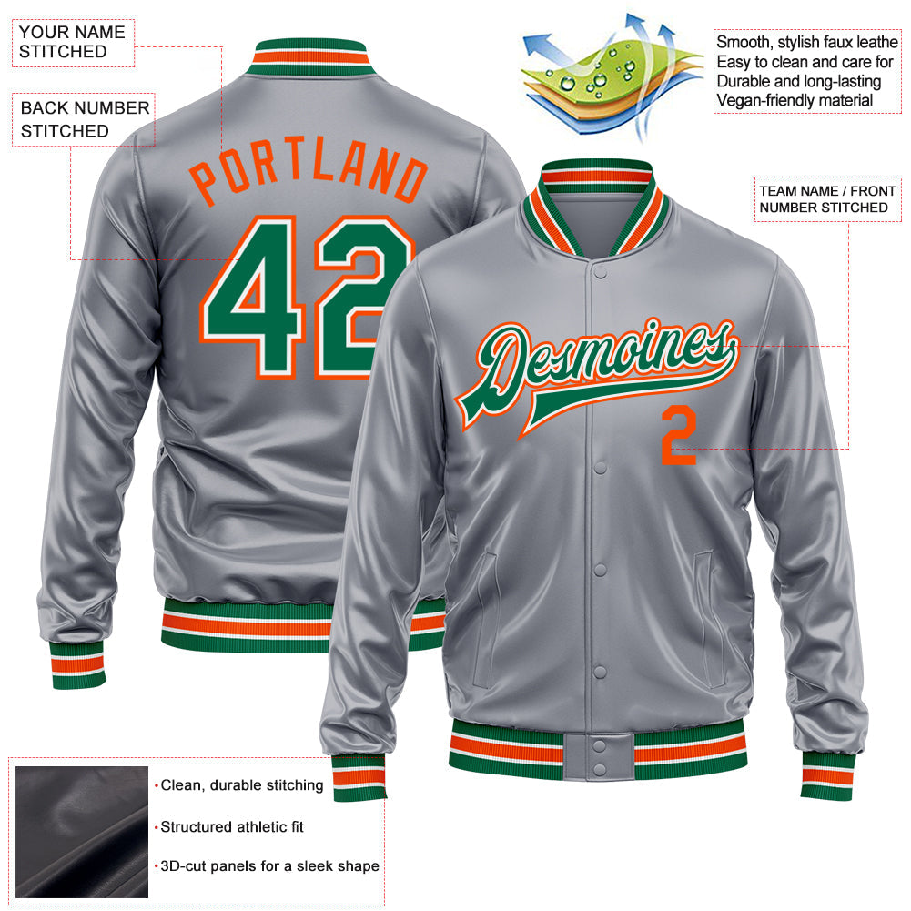 Custom Gray Kelly Green Orange-White Bomber Full-Snap Varsity Faux Leather Letterman Jacket view 2