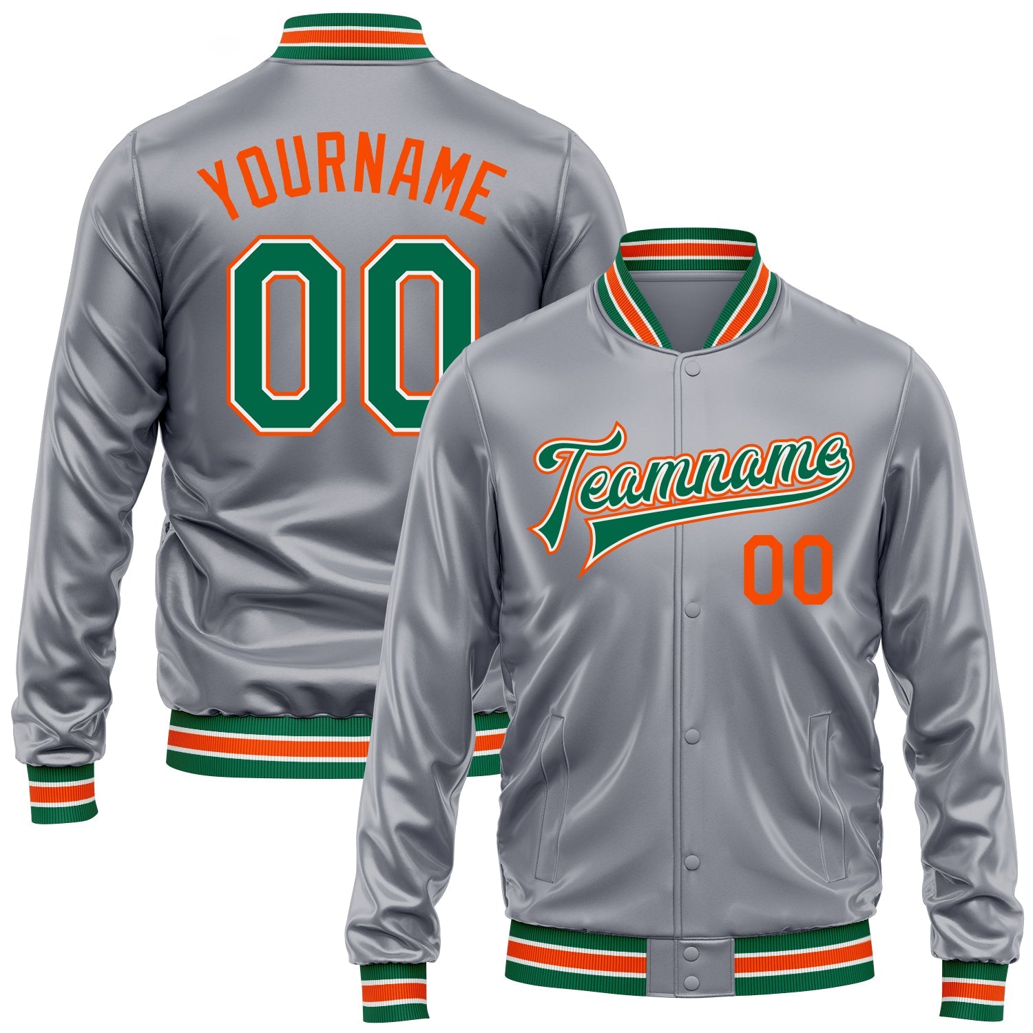 Custom Gray Kelly Green Orange-White Bomber Full-Snap Varsity Faux Leather Letterman Jacket - Main View