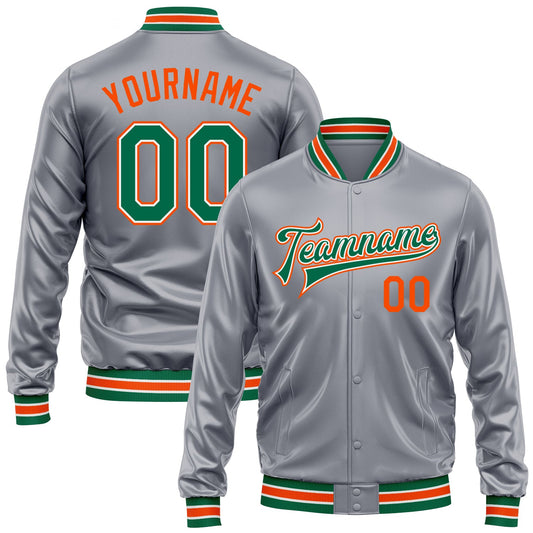 Custom Gray Kelly Green Orange-White Bomber Full-Snap Varsity Faux Leather Letterman Jacket - Main View
