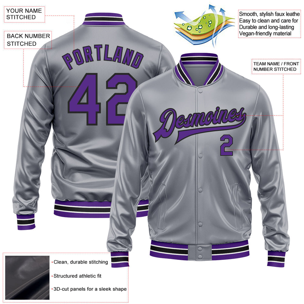 Custom Gray Purple-Black Bomber Full-Snap Varsity Faux Leather Letterman Jacket view 2