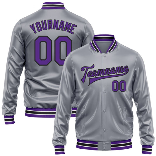 Custom Gray Purple-Black Bomber Full-Snap Varsity Faux Leather Letterman Jacket - Main View